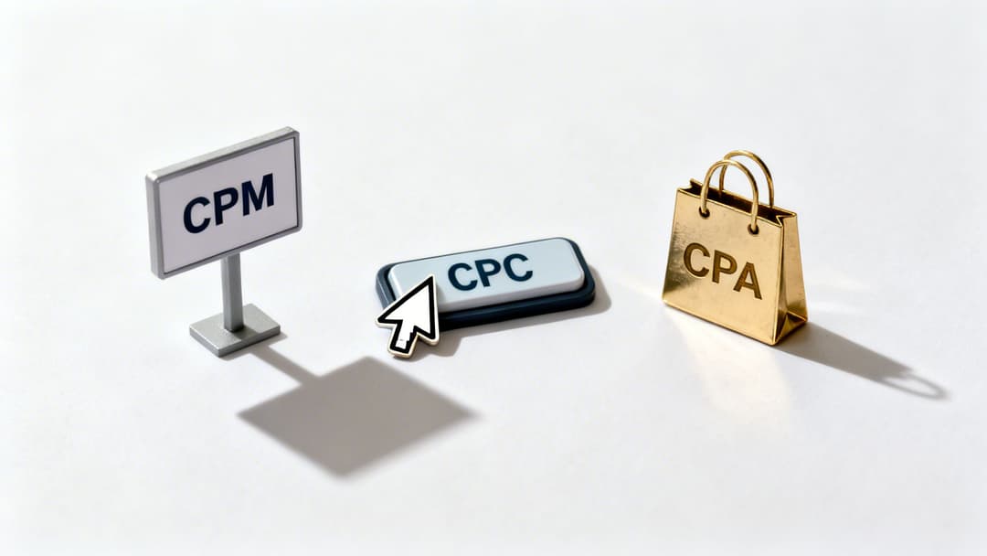Miniature models of CPM sign, CPC button with a cursor, and a golden CPA shopping bag.