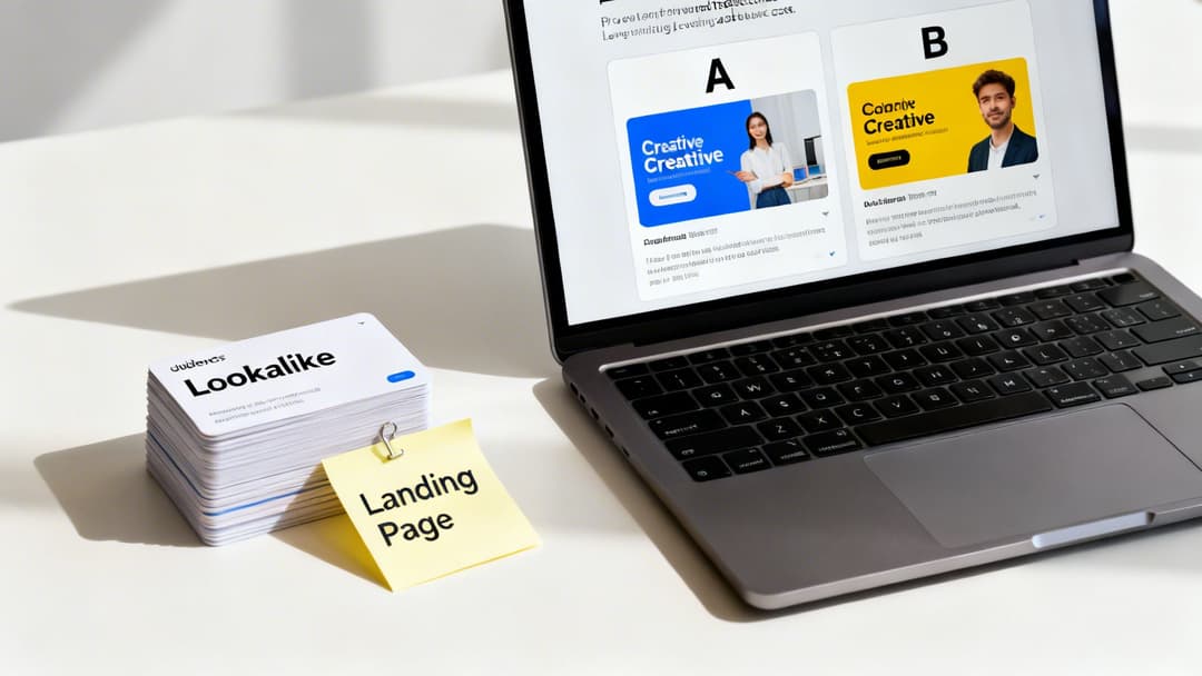 A laptop displays two creative ad variations, alongside 'Lookalike' cards and a 'Landing Page' sticky note.