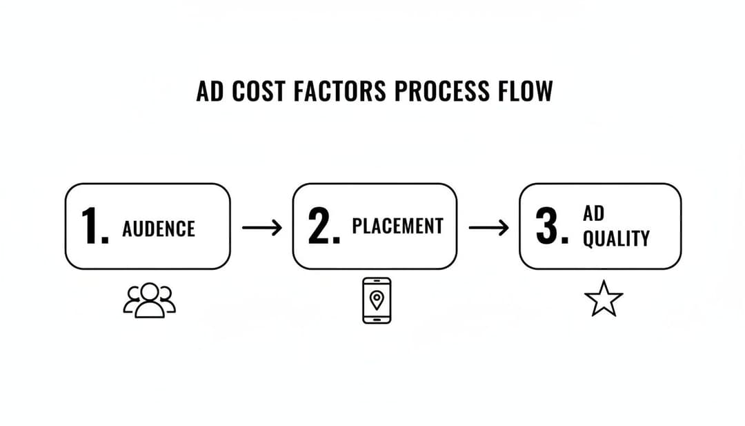 Flow chart detailing ad cost factors: audience, placement, and ad quality process flow.
