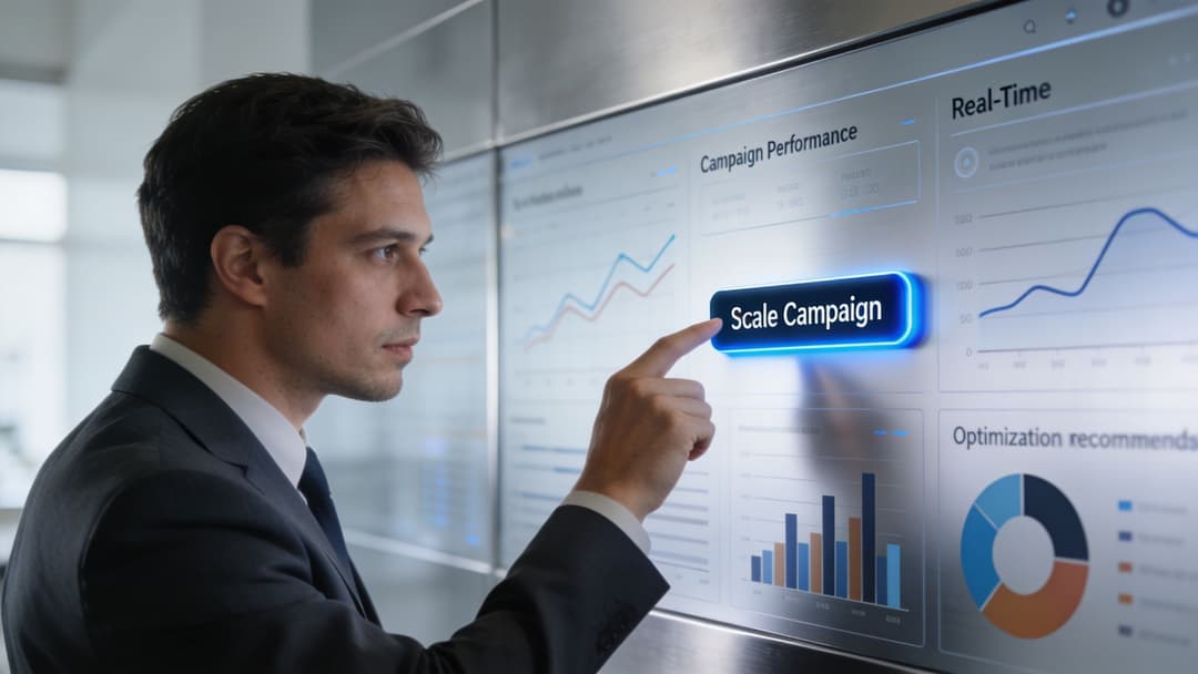 A professional man in a suit interacting with a digital dashboard interface to scale an advertising campaign.