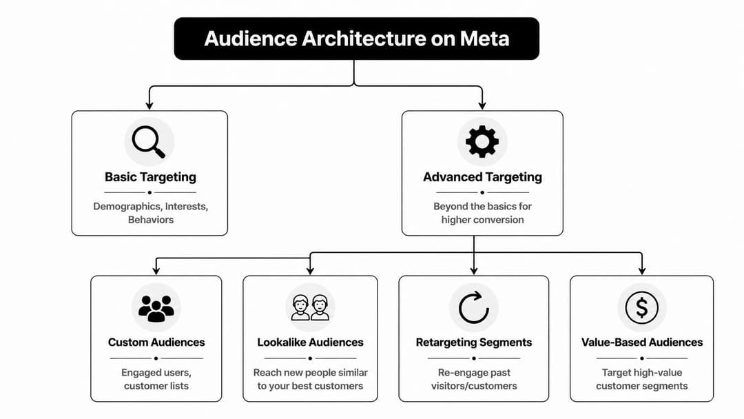 A diagram illustrating the hierarchy of Meta audience architecture, dividing targeting into basic and advanced categories.