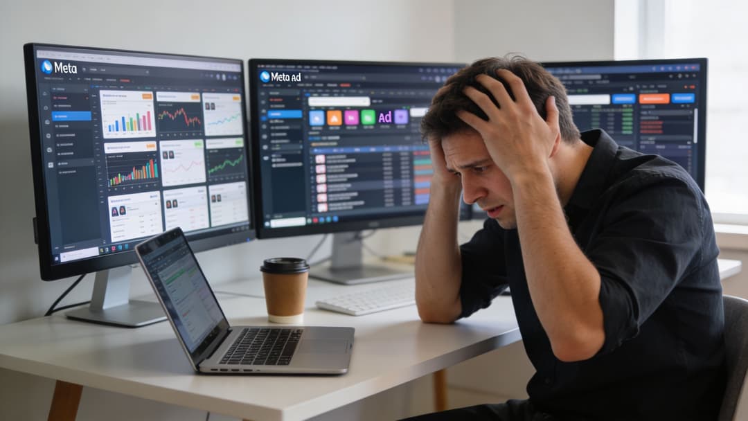 A stressed man holding his head in frustration while working with analytics on multiple computer screens.