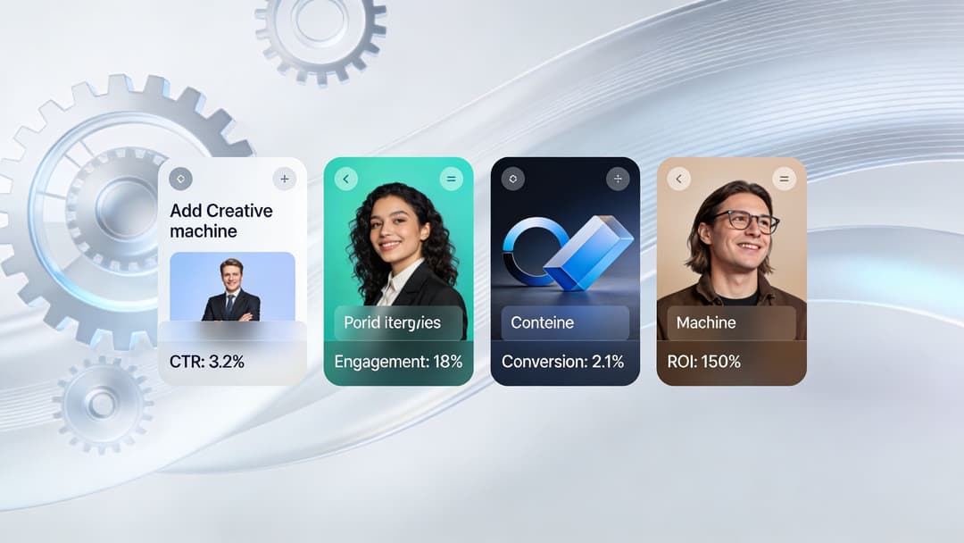 A digital dashboard displaying four business performance cards with metrics including CTR, engagement, conversion rates, and ROI.