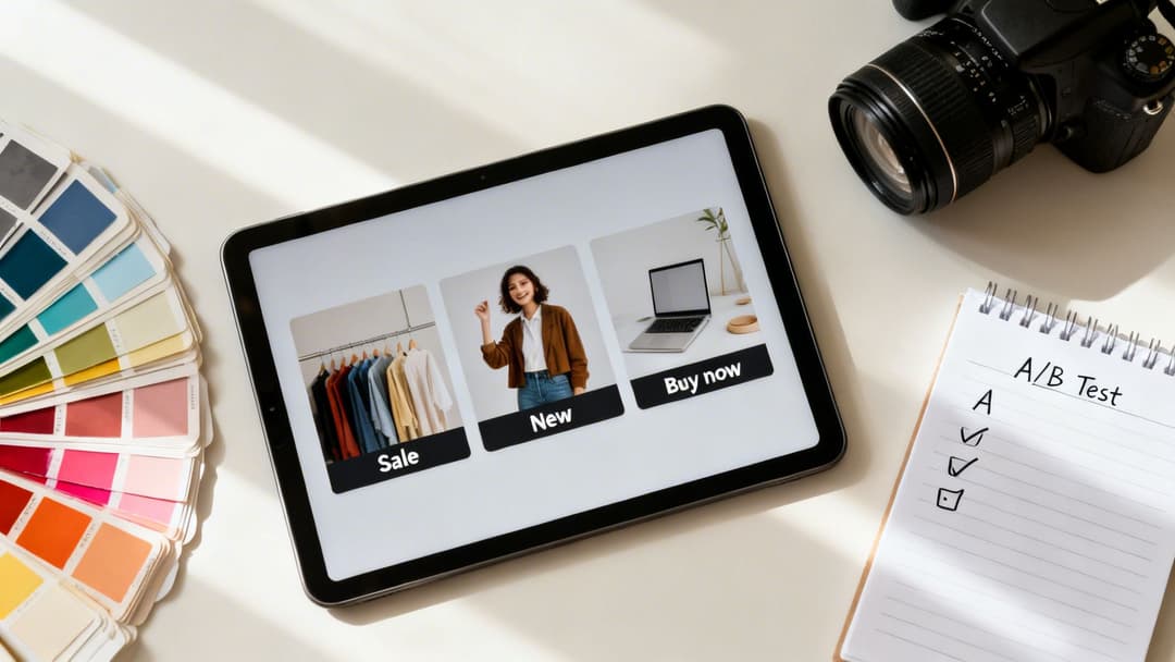 Tablet displaying e-commerce ads with 'Sale', 'New', 'Buy now' options for A/B testing.
