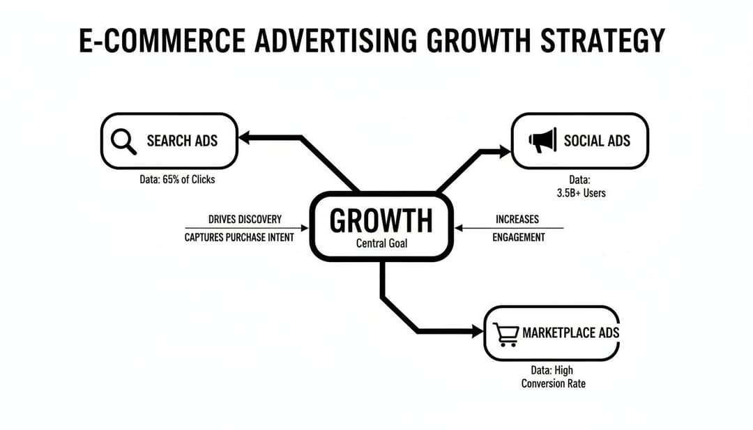 Flowchart illustrating an e-commerce advertising growth strategy with search, social, and marketplace ads.