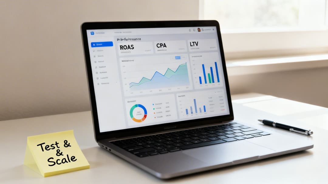 A laptop displays a digital marketing performance dashboard with various charts and metrics, beside a 'Test & Scale' sticky note.