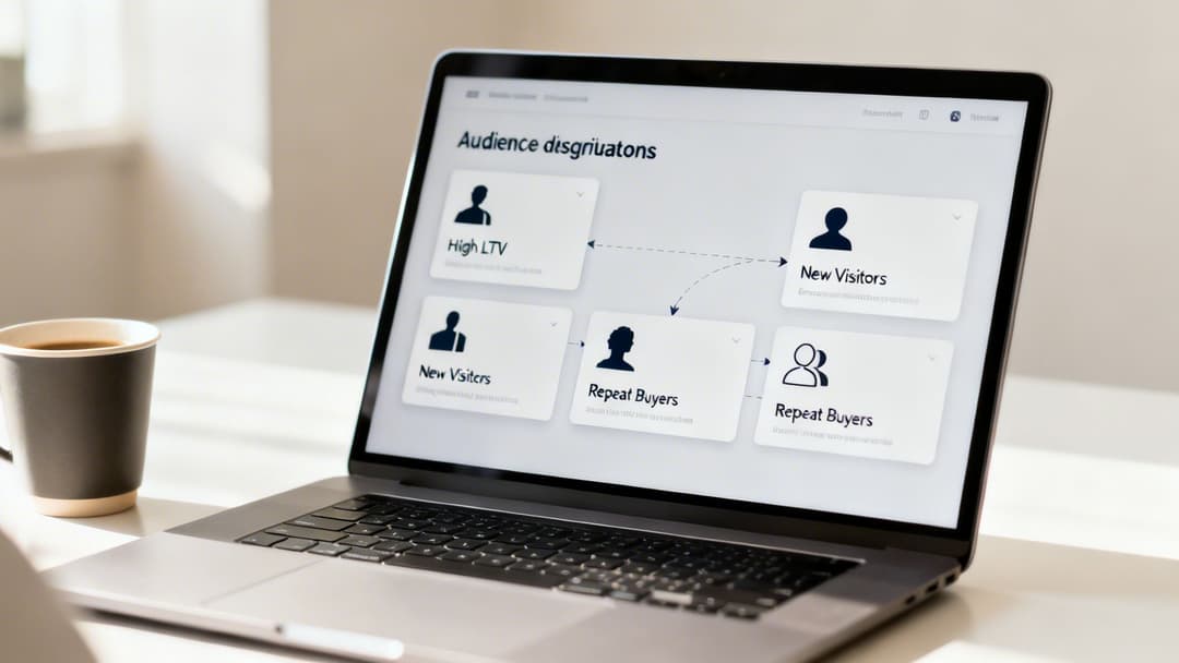 Laptop on a desk displaying an audience segmentation diagram with customer journey stages and a coffee cup.