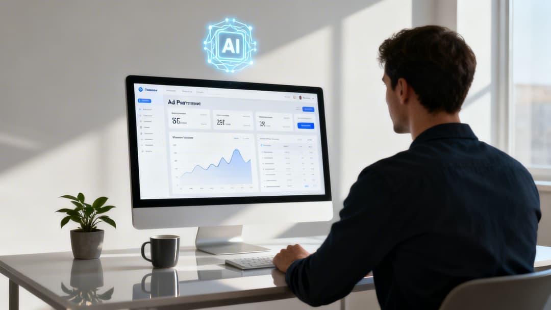A man views an ad performance dashboard on a computer, with a glowing AI icon above.