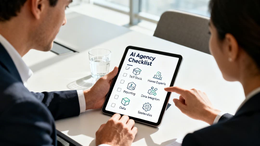 Two business professionals review an 'AI Agency Checklist' on a tablet in a meeting room.