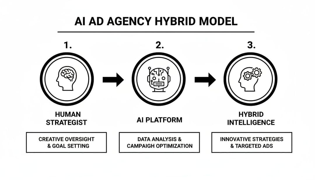 Diagram illustrating the AI Ad Agency Hybrid Model with human strategist, AI platform, and hybrid intelligence.