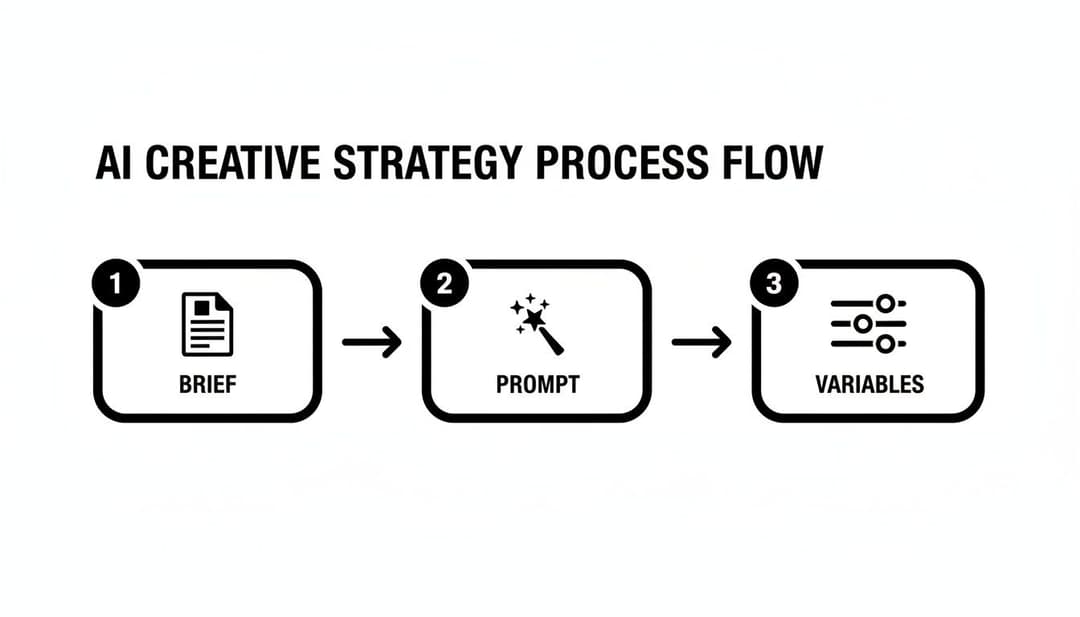 AI creative strategy process flow diagram illustrating three sequential steps: Brief, Prompt, and Variables.