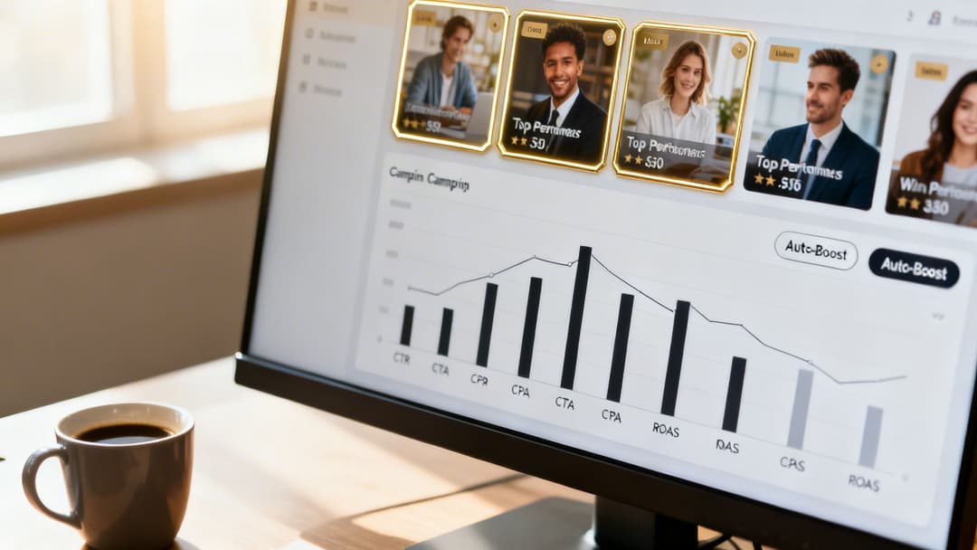 A computer screen displays a marketing dashboard with top performers, campaign data, charts, and auto-boost options. A coffee mug is next to it.