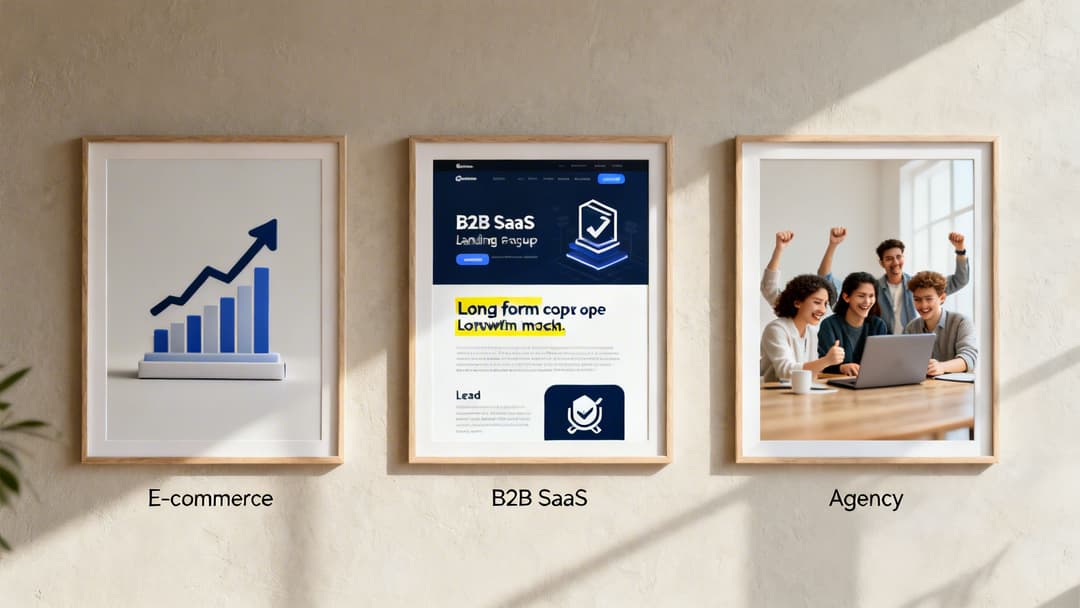Three framed pictures illustrating e-commerce growth, a B2B SaaS landing page, and an agency team celebrating.