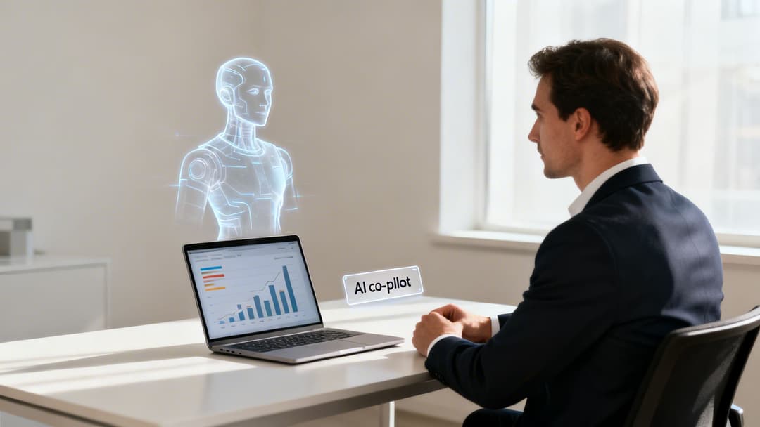 Businessman viewing data on a laptop, augmented by an AI co-pilot hologram for insights.
