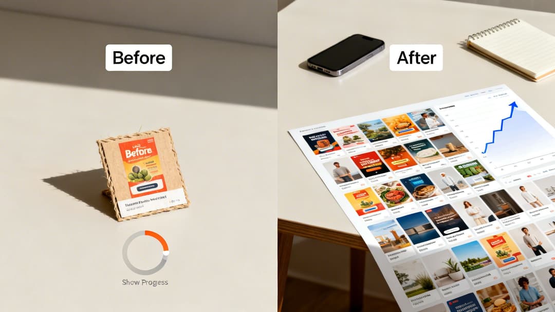 Before and after comparison showing a physical product next to a digital marketing dashboard with a growth graph.
