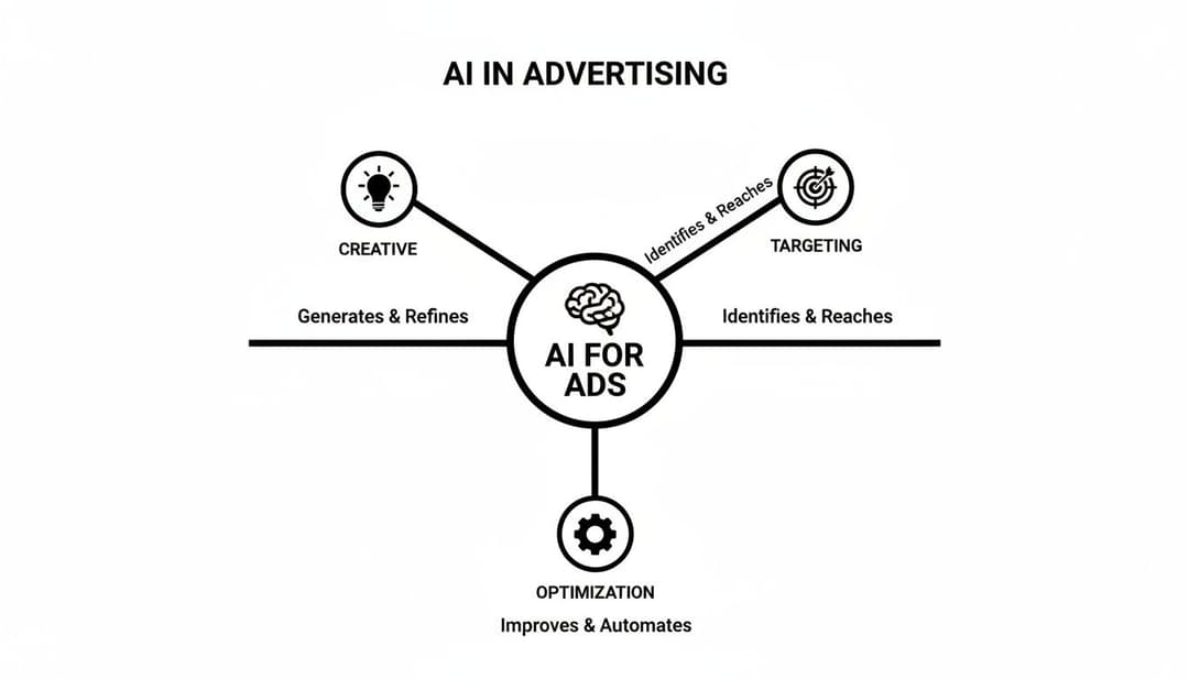 Diagram showing how AI enhances advertising across creative generation, audience targeting, and campaign optimization.
