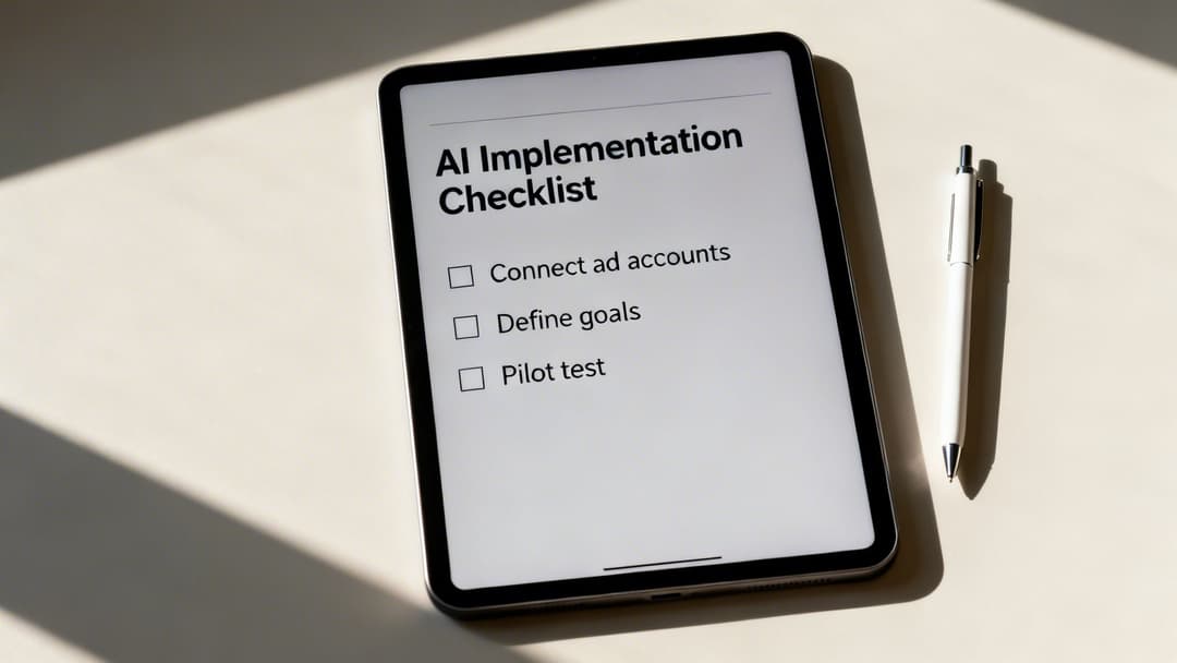 A tablet displaying an 'AI Implementation Checklist' with three tasks. A white pen lies next to it.