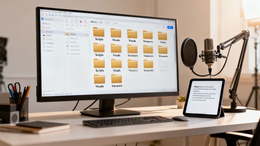 Close-up of a content creator's desk with computer, microphone, tablet, and office supplies.