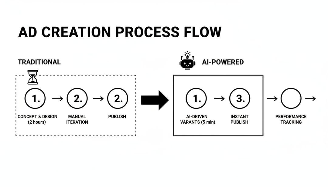 Flowchart comparing traditional and AI-powered ad creation processes, showing AI's efficiency gains.