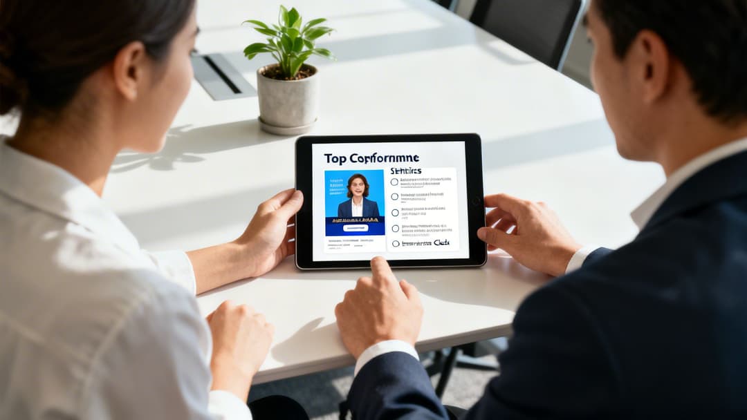 Two professionals collaborate, viewing a tablet displaying a presentation or website in a bright office.