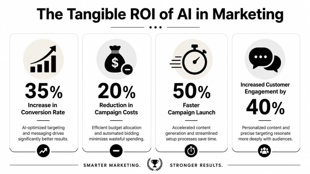 An infographic showing the positive impact of AI on marketing performance metrics like conversion, cost, speed, and engagement.