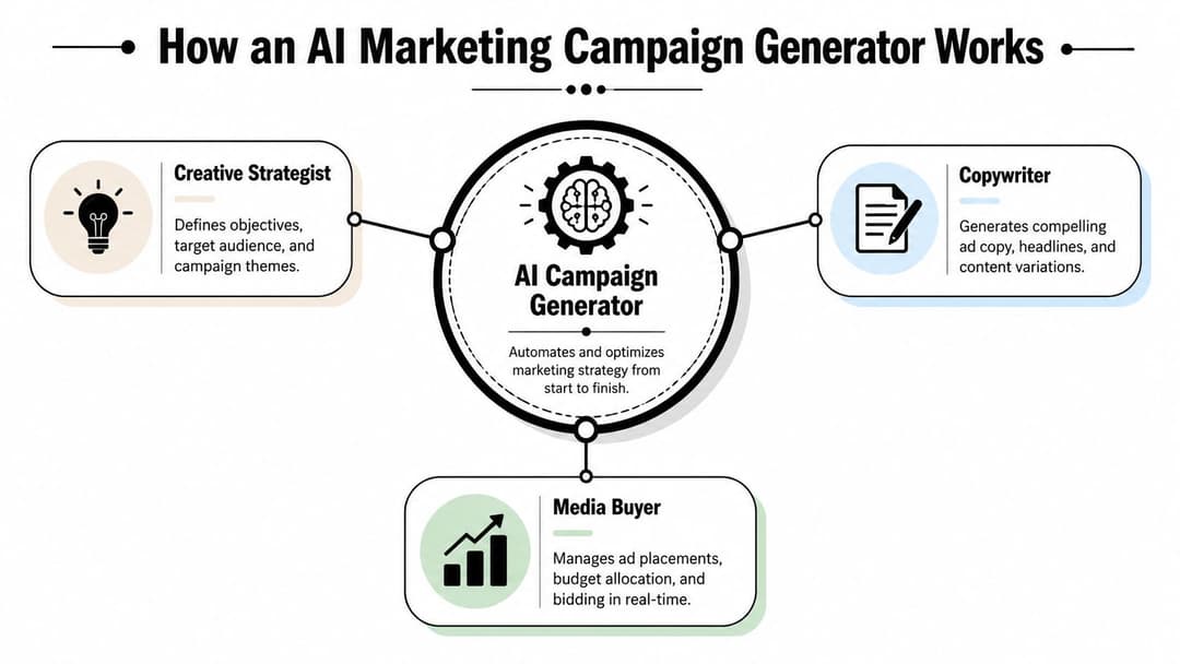 A diagram illustrating how an AI marketing campaign generator coordinates roles like strategist, copywriter, and media buyer.