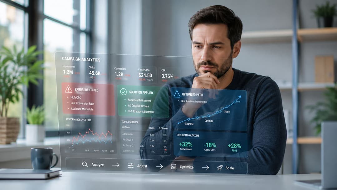 A professional man analyzing digital campaign performance data on a futuristic holographic interface in his modern office.