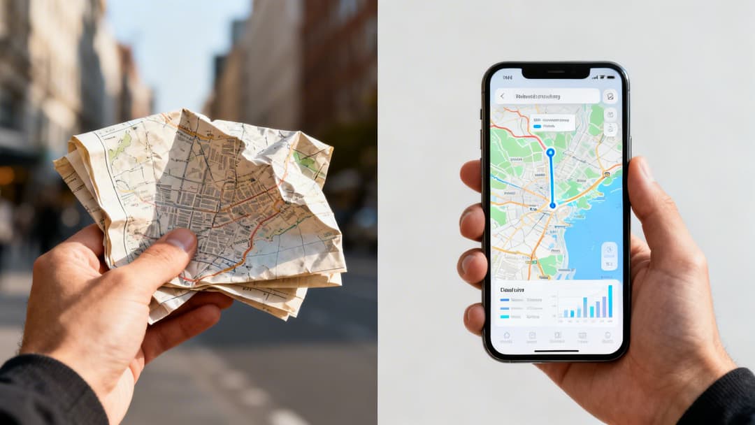 Hands comparing a traditional crumpled paper map with a modern smartphone digital map for navigation.