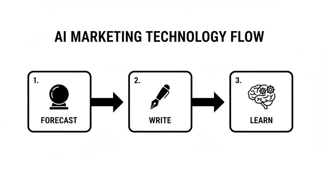 Diagram showing the AI marketing technology flow with three steps: forecast, write, and learn.