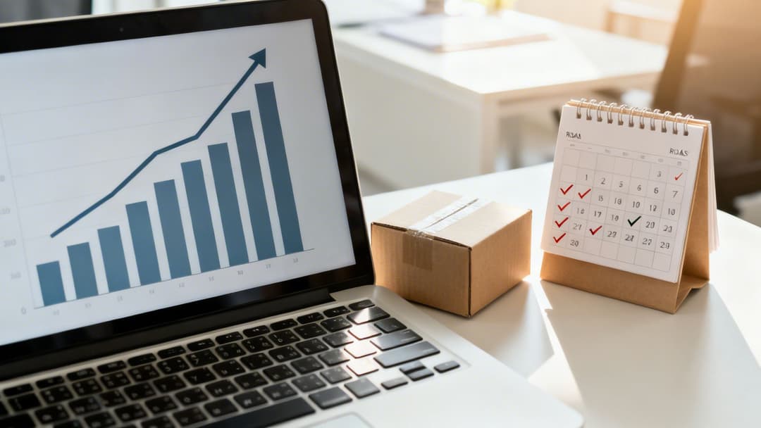 Laptop displaying a growth chart, a delivery box, and a calendar with marked dates for business success.