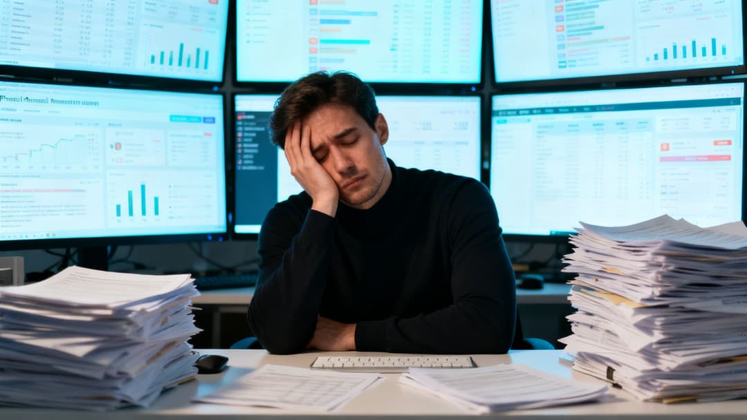 A tired trader resting his head on his hand while working late among piles of paper documents.