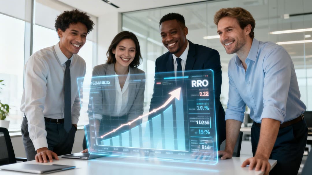 A diverse group of professional business people gathered around a futuristic digital holographic chart display.