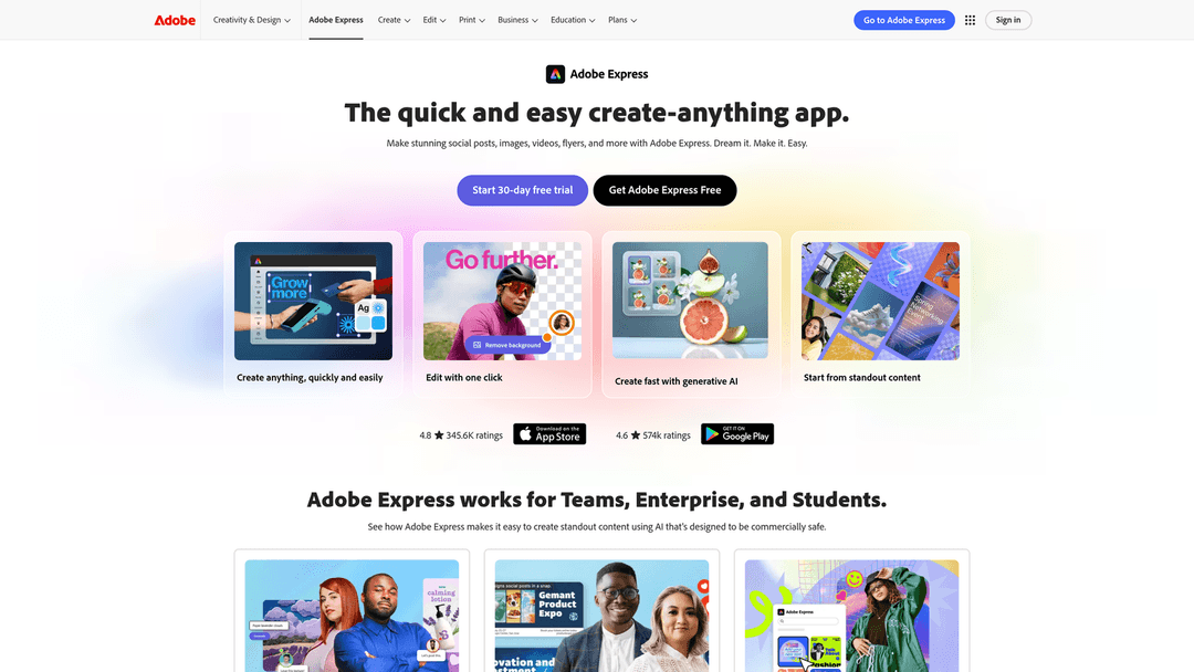 Screenshot of Adobe Express AI website