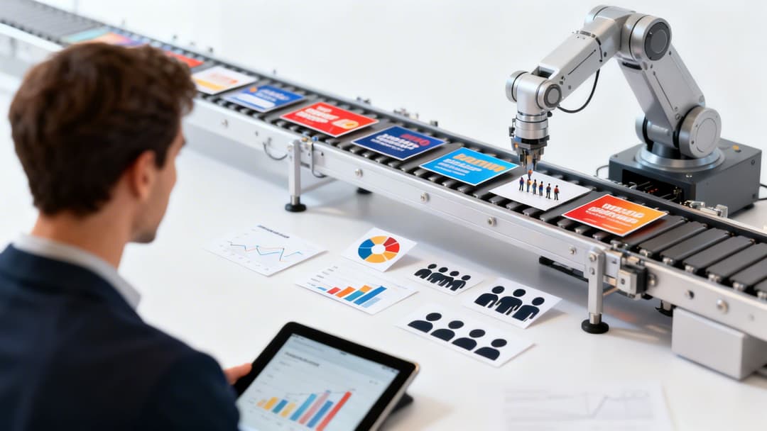 A man watches a robotic arm automate marketing card placement on a conveyor belt with data charts.