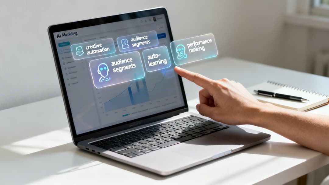 Hand interacts with AI marketing platform on laptop, showing holographic buttons for automation and data.