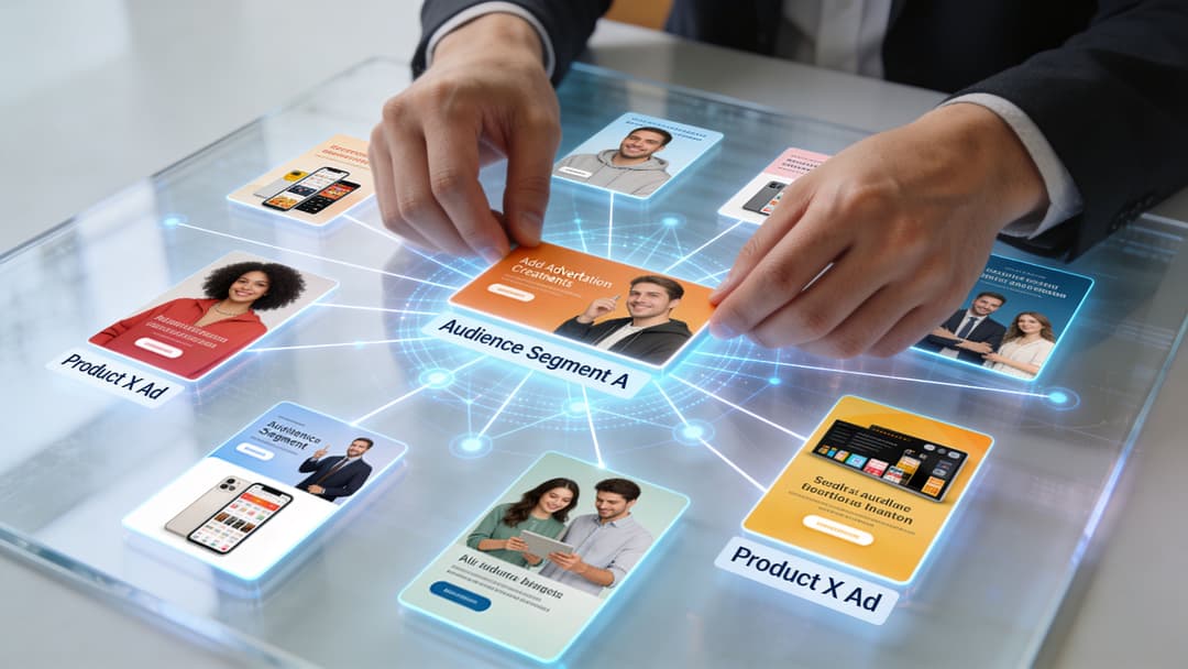 A professional analyzing AI-powered digital advertisement segments on a glowing interactive holographic glass interface surface.