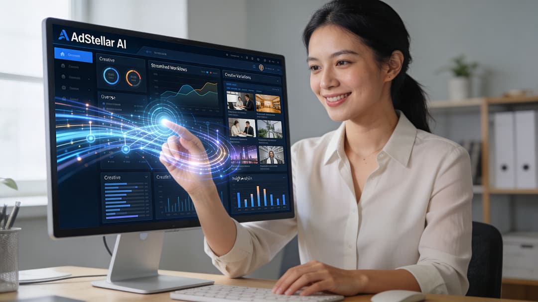 A woman smiling while interacting with an advanced AI dashboard interface on a computer monitor in office.