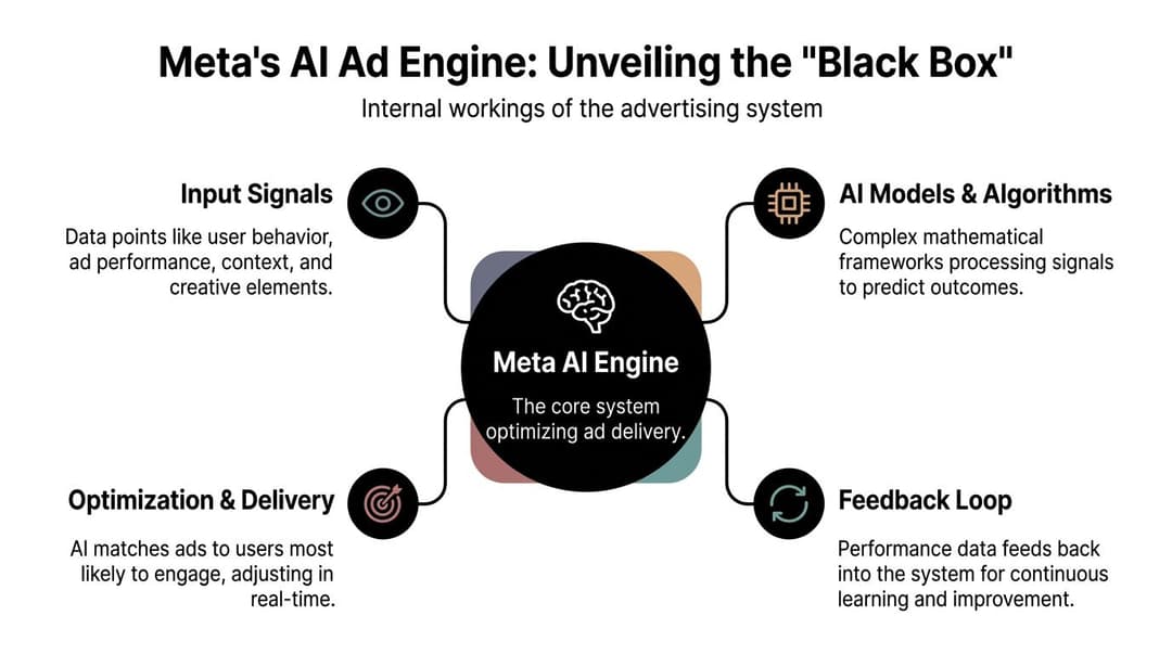 A diagram explaining how the Meta AI Ad Engine processes data to optimize advertising delivery systems.