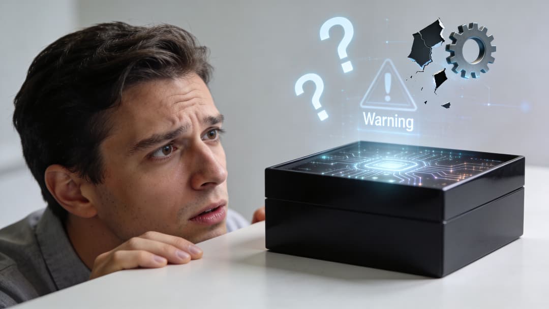 A concerned young man stares at a glowing, malfunctioning digital device emitting holographic warning signs and question marks.