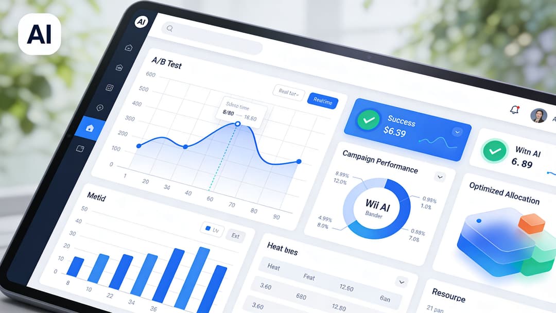 A tablet screen displaying a sleek dashboard with data analytics charts for artificial intelligence campaign performance tracking.