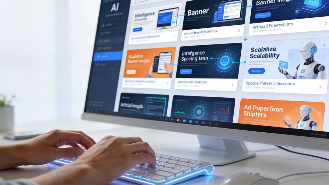 A person typing on a computer keyboard while viewing an AI-themed dashboard on a large monitor screen.