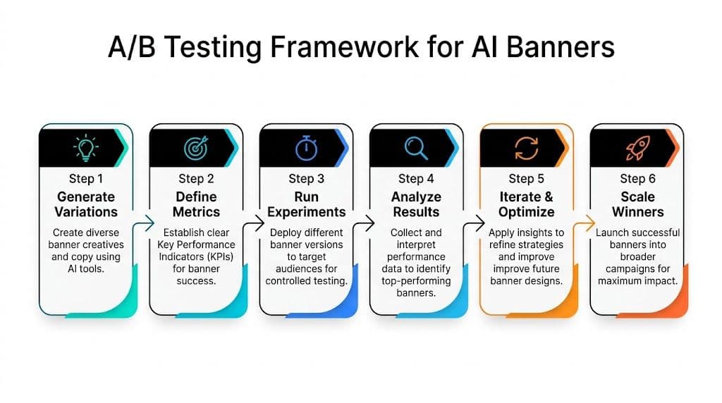 A six-step infographic detailing an A/B testing framework for optimizing AI-generated advertising banners and campaigns.
