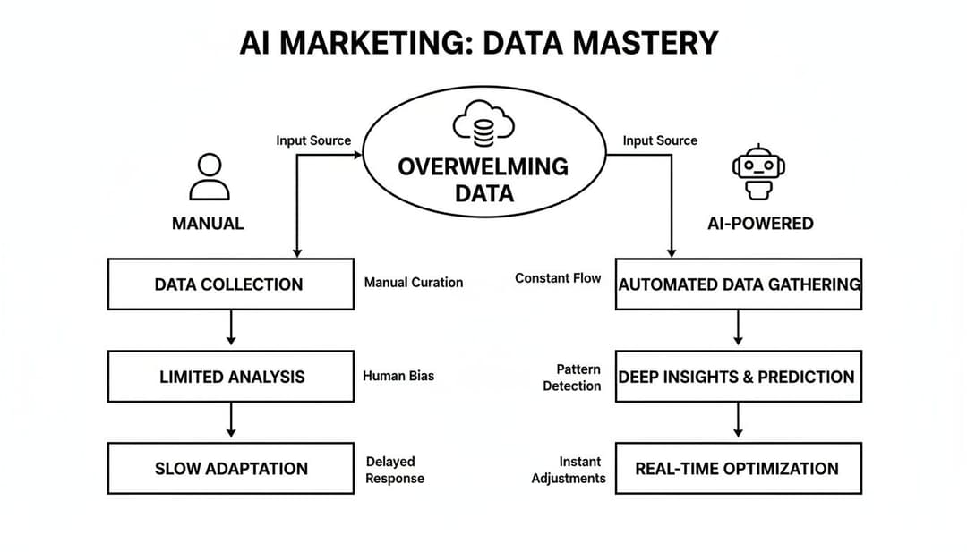 A diagram comparing manual versus AI-powered data processing for marketing, highlighting AI's efficiency.