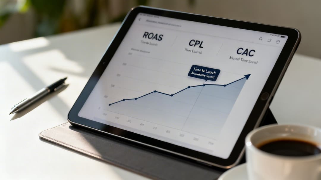 Close-up of a tablet displaying a marketing performance graph with ROAS, CPL, and CAC.