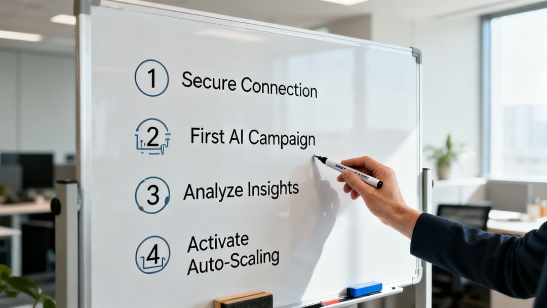 A person's hand writes on a whiteboard outlining four steps for an AI marketing campaign strategy.