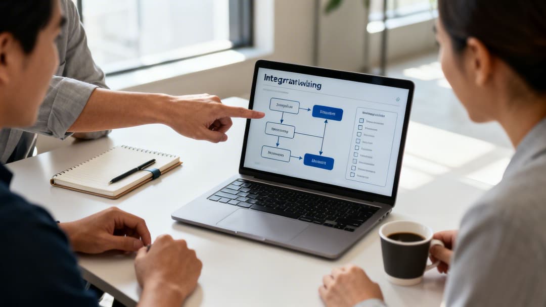 Business professionals review a marketing platform flowchart on a laptop during a collaborative meeting.
