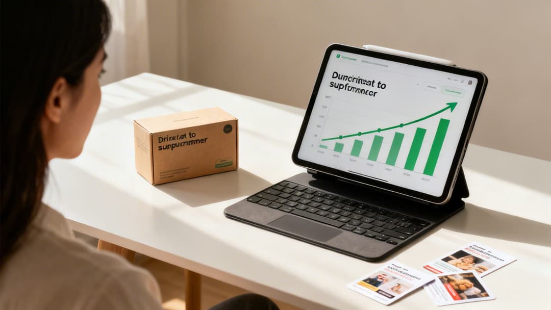 A person views a business package and an iPad displaying an upward green growth chart.