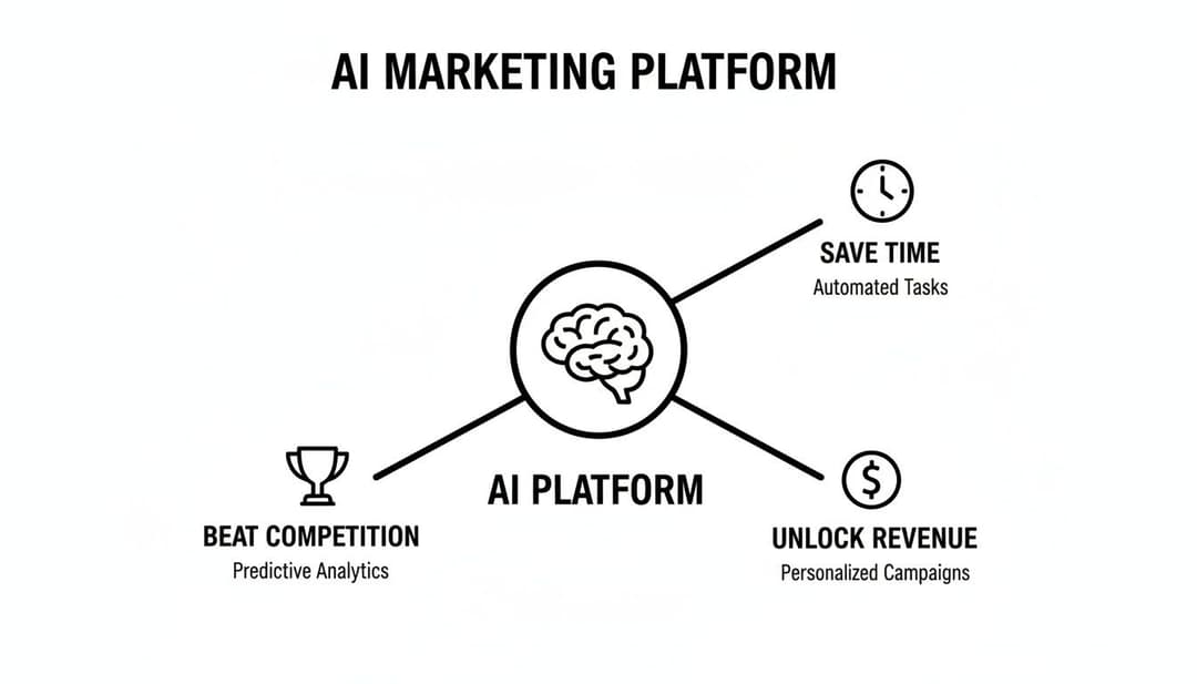 An AI marketing platform infographic illustrating benefits like saving time, beating competition, and unlocking revenue.