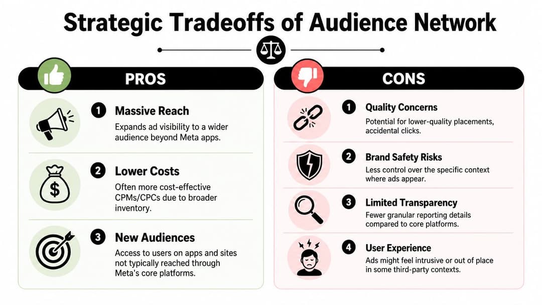 An infographic comparing the pros and cons of using the Meta Audience Network for digital advertising campaigns.
