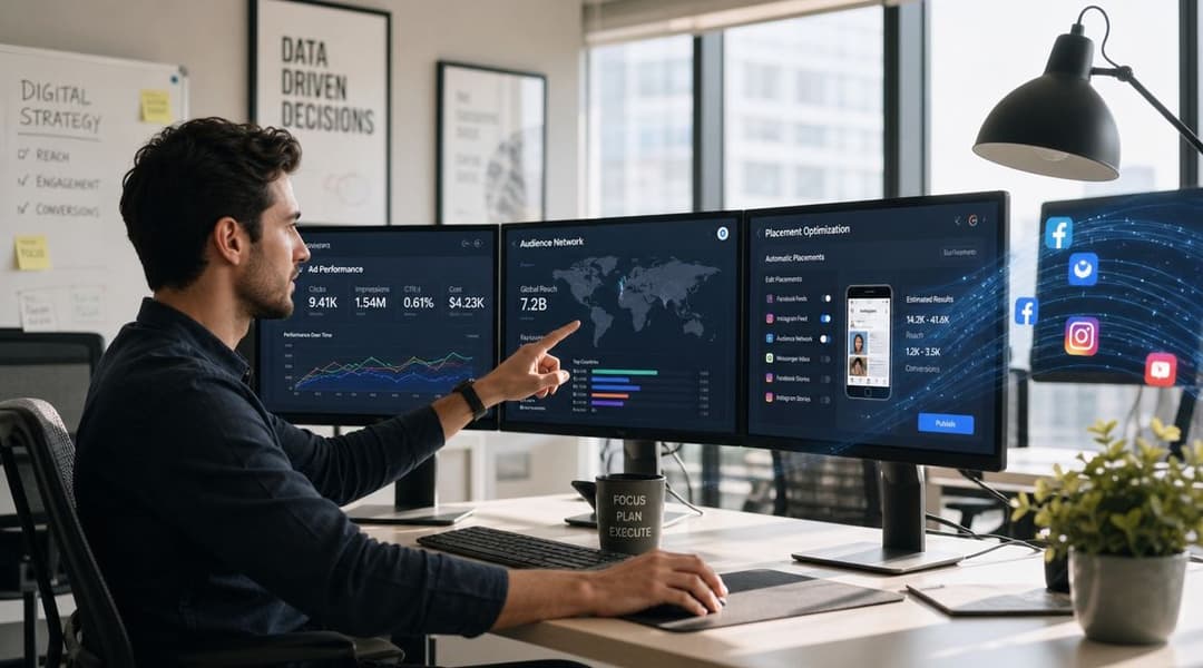 A marketing professional analyzing audience network data and advertising campaign performance on multiple computer monitors.